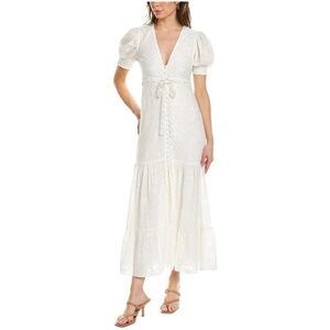 ALICE + OLIVIA Puff Sleeve Floral Embroidery Midi Dress